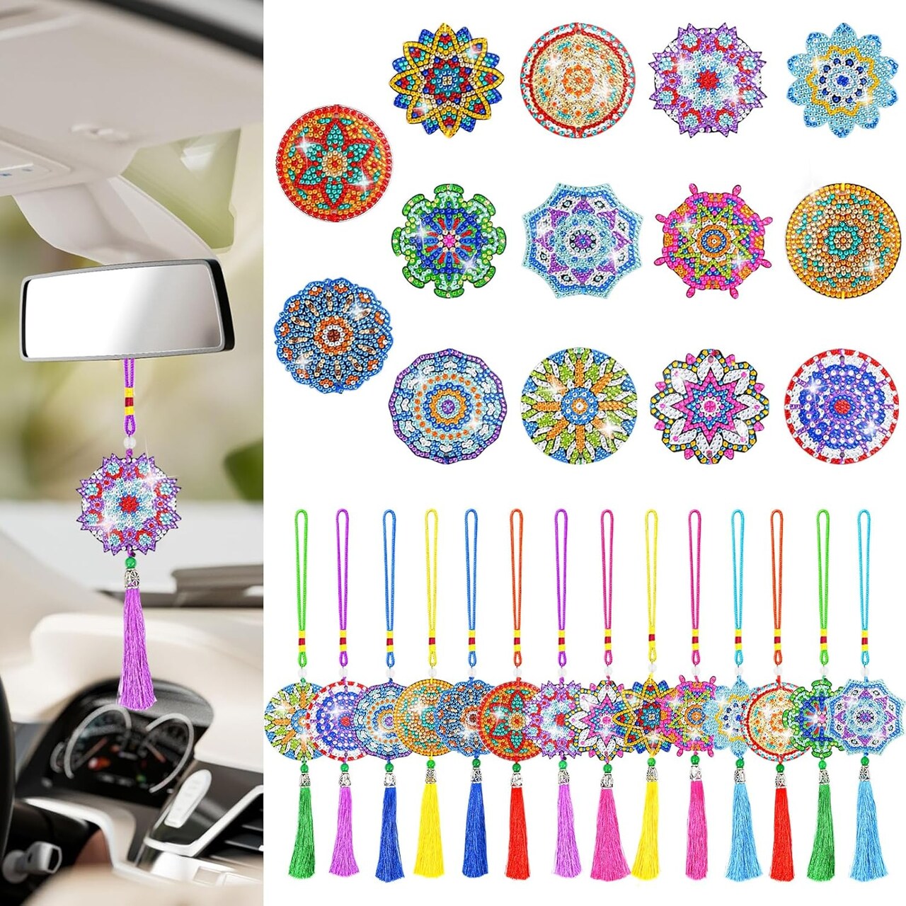 14PCS 5D Diamond Painting Hanging Ornaments – Double-Sided Mandala Diamond Art Car Ornaments, Suncatcher Wind Chimes, Crystal Gem DIY Kit for Adults, Home Decor